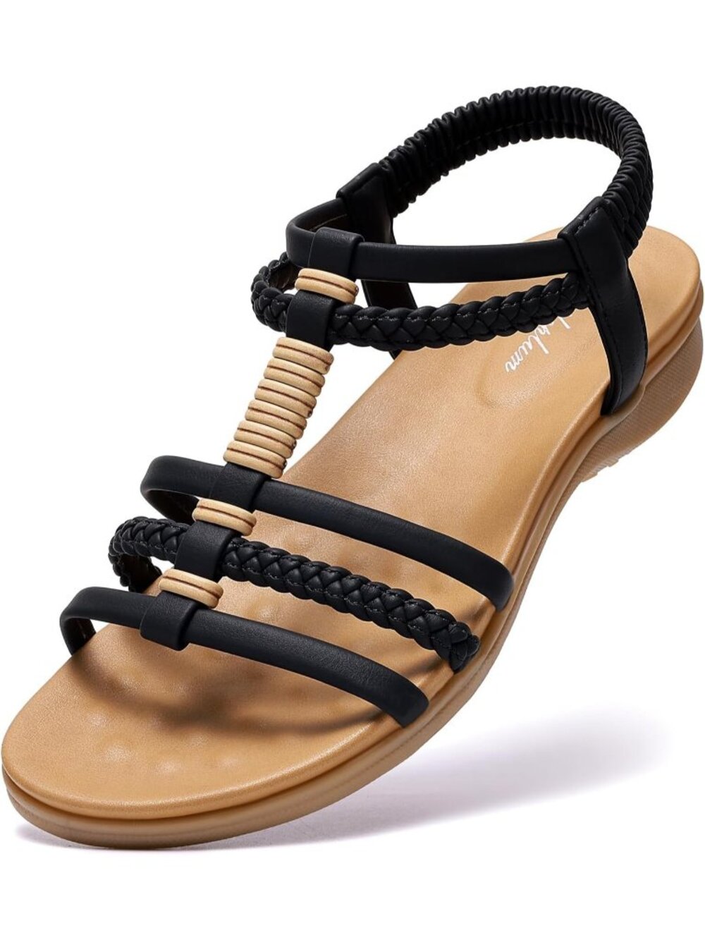 Women's Retro Black Comfy Elastic Handmade Braided Gladiator Flat Sandal Shoes